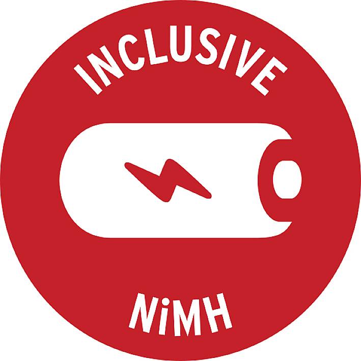 Symbole rouge d'une batterie NiMH avec un éclair, entouré des mots 'INCLUSIVE' en haut et 'NiMH' en bas.
