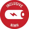Symbole rouge d'une batterie NiMH avec un éclair, entouré des mots 'INCLUSIVE' en haut et 'NiMH' en bas.