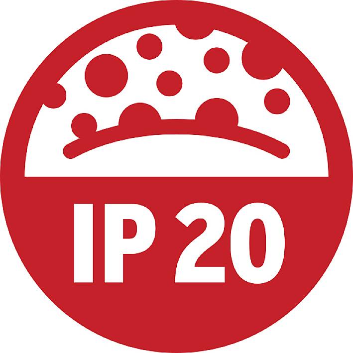 Symbole rouge avec des points blancs et l'inscription 'IP 20', indiquant le degré de protection des appareils électriques contre les corps solides.