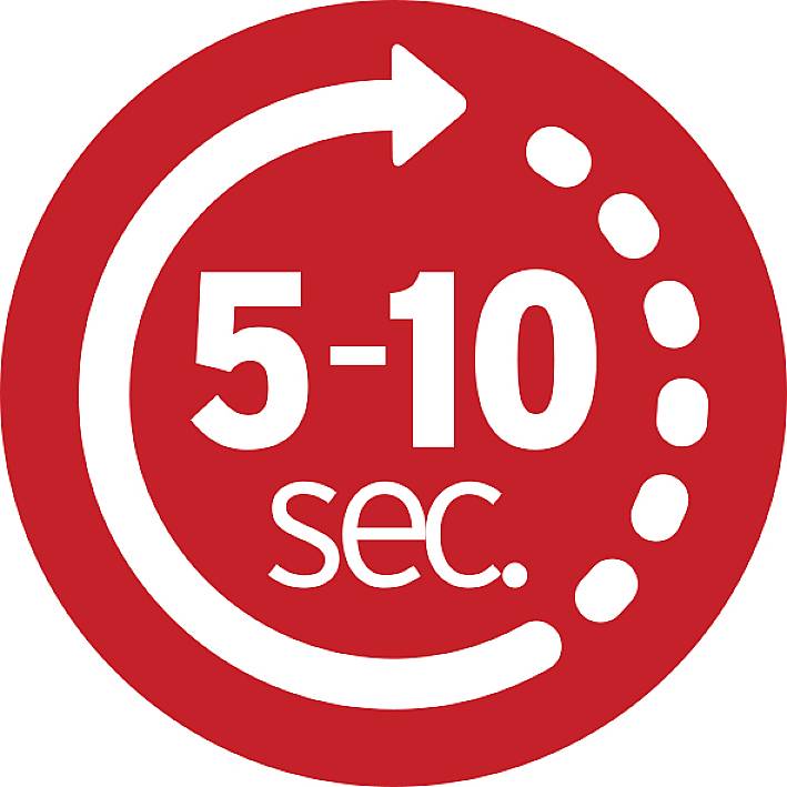 Symbole rouge avec une flèche circulaire autour de l'inscription blanche '5-10 sec.', représentant un intervalle de temps.