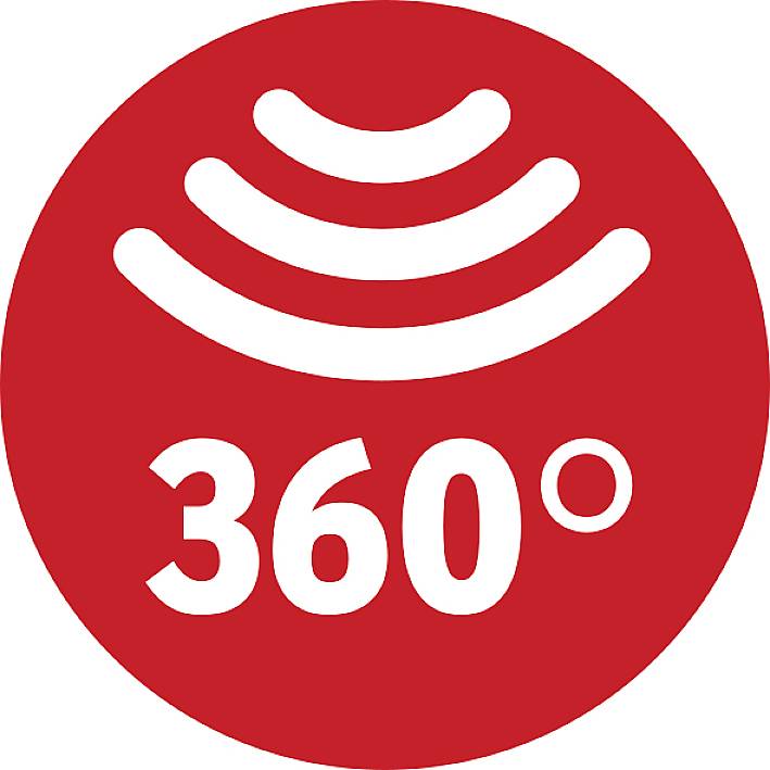 Un cercle rouge avec des lignes ondulées blanches en haut et '360°' en dessous. Symbolise une vue panoramique ou une couverture complète.