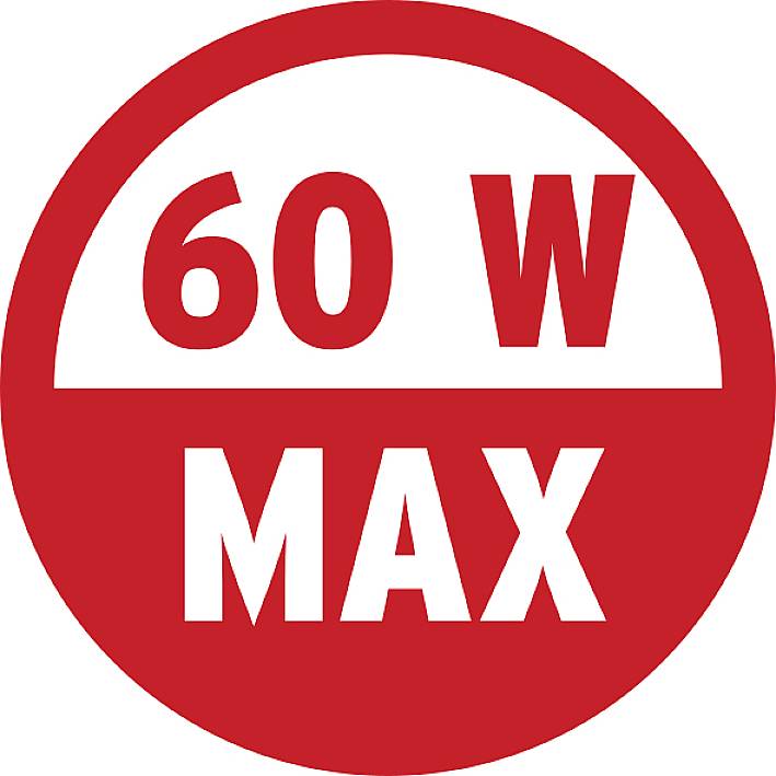 "60 W Max" en écriture blanche sur un fond circulaire rouge, indique la puissance maximale en watts pour un appareil.