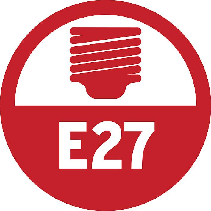 Symbole rouge avec une icône de douille à vis blanche et le texte 'E27', indiquant un type de douille de lampe.