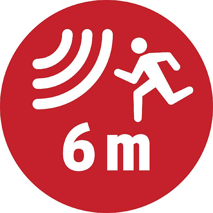 Panneau d'avertissement rouge avec un coureur stylisé et des lignes ondulées : Maintenir une distance de 6 m.
