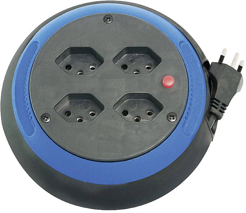 Multiprise ronde à quatre emplacements, avec un bouton rouge sur le dessus, boîtier noir avec bordure bleue.