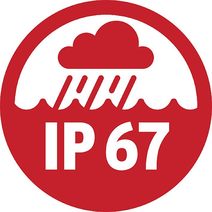 Symbole rouge avec un nuage et de la pluie, en dessous 'IP 67', qui indique une protection contre la poussière et une immersion temporaire dans l'eau.