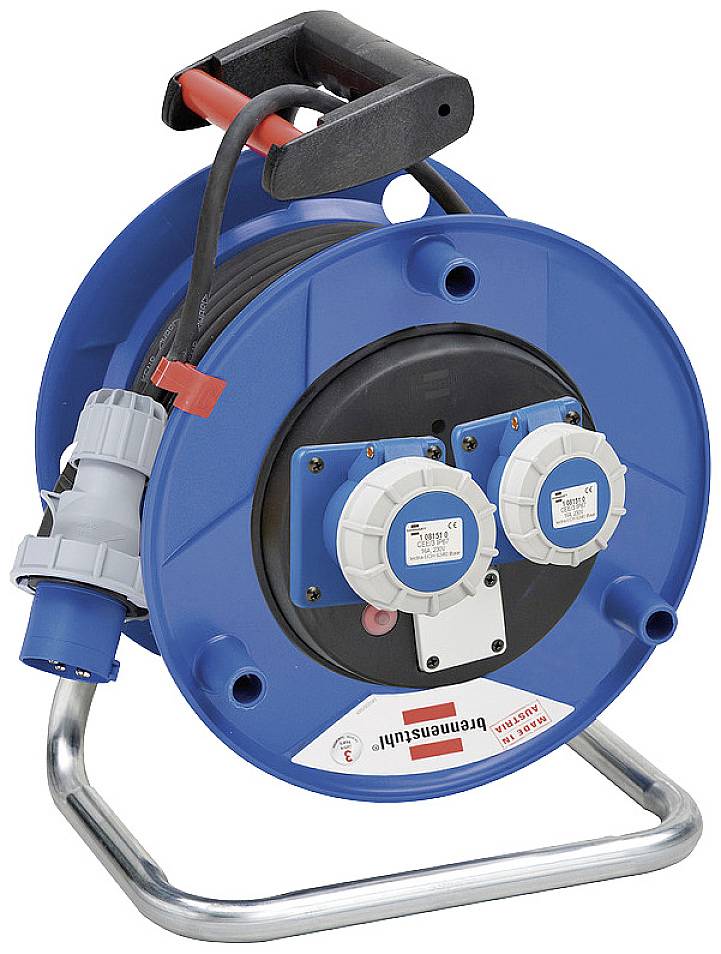 Enrouleur de câble portable avec poignée, capuchon de protection bleu, deux prises électriques et base métallique robuste. Idéal pour les chantiers et l'atelier.