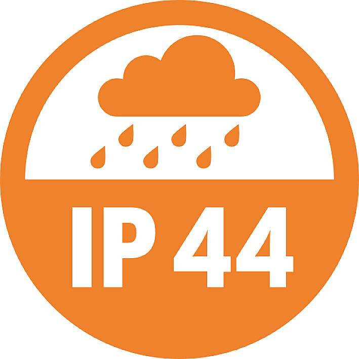 Symbole orange avec un nuage et des gouttes de pluie. Texte : « IP 44 » – signifie protection contre les corps étrangers solides ≥ 1 mm et les éclaboussures d'eau.
