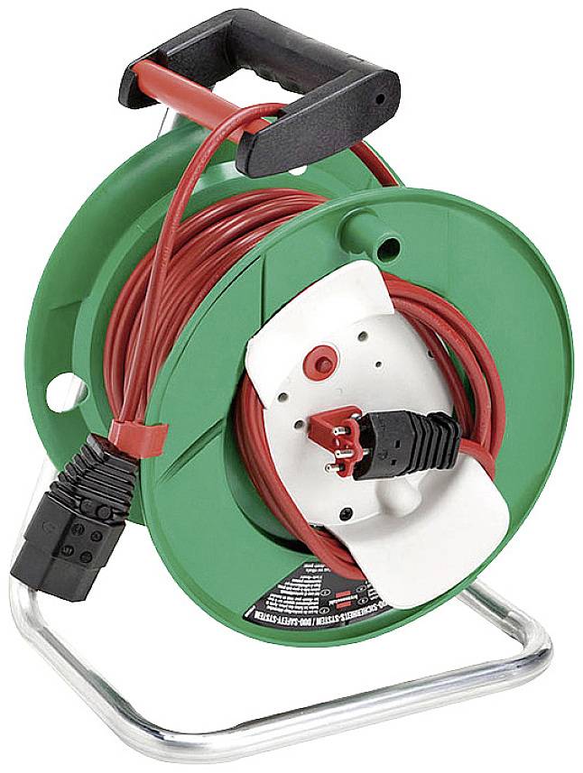 Enrouleur de câble vert avec rallonge électrique rouge et poignée noire, adapté pour prolonger les connexions électriques.