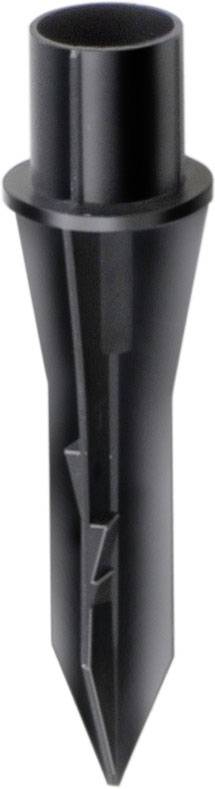 Piquet de terre en plastique noir, de forme conique, avec une ouverture ronde en haut, pour fixer des lampes de jardin.