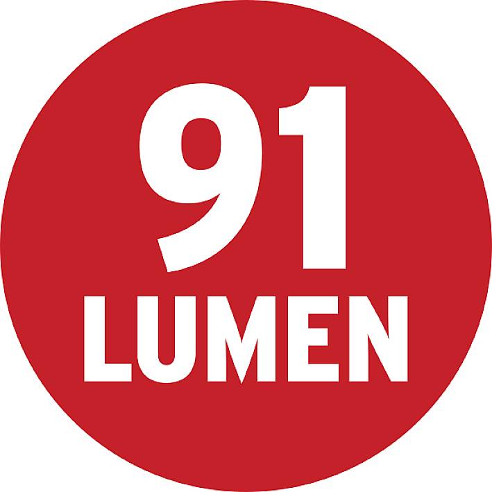 Cercle rouge avec texte blanc : '91 Lumens'.