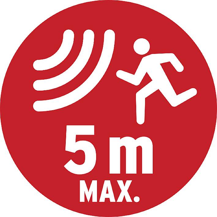 Panneau rouge avec une silhouette de personne en mouvement et un symbole d'ondes radio. Inscription : '5 m MAX.' Avertit de la distance de reconnaissance maximale.