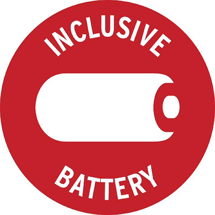 Logo rond rouge avec un symbole de batterie au centre. Le texte 'INCLUSIVE BATTERY' est situé en haut et en bas du bord.