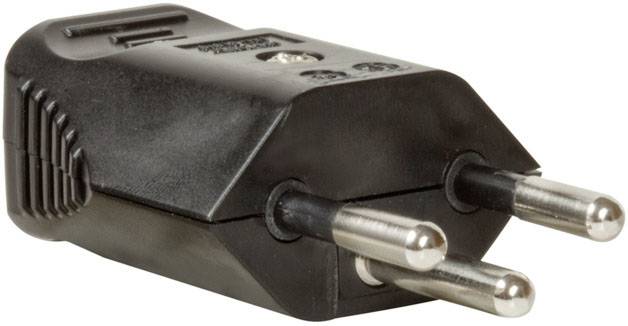 Adaptateur secteur noir à deux broches métalliques et contact de protection, permettant de connecter des appareils électriques européens.