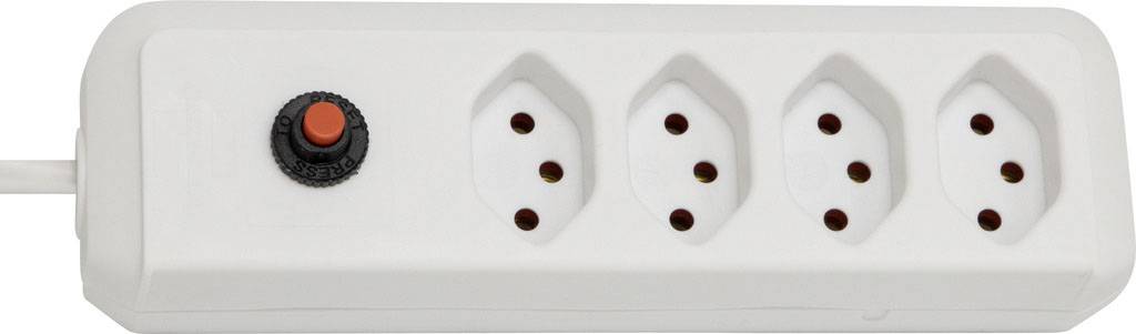Bloc multiprises blanc à quatre emplacements, avec un interrupteur rouge sur la gauche.
