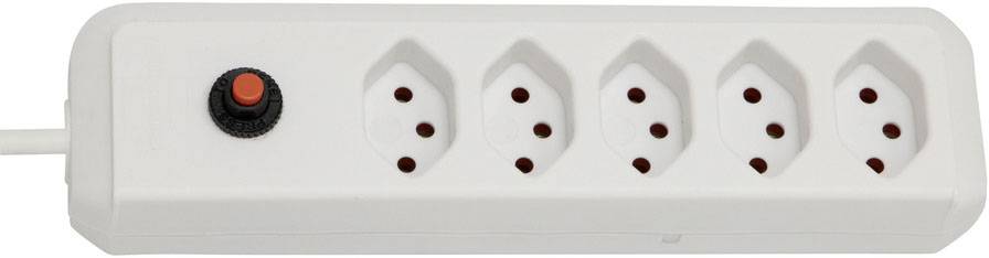 Multiprise avec cinq prises et interrupteur marche/arrêt rouge, adaptée pour connecter simultanément plusieurs appareils électriques.