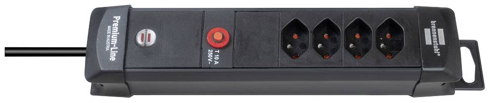 Une barrette multiprises noire avec quatre emplacements et un interrupteur à bascule. Elle porte l'inscription 'Premium-Line'.