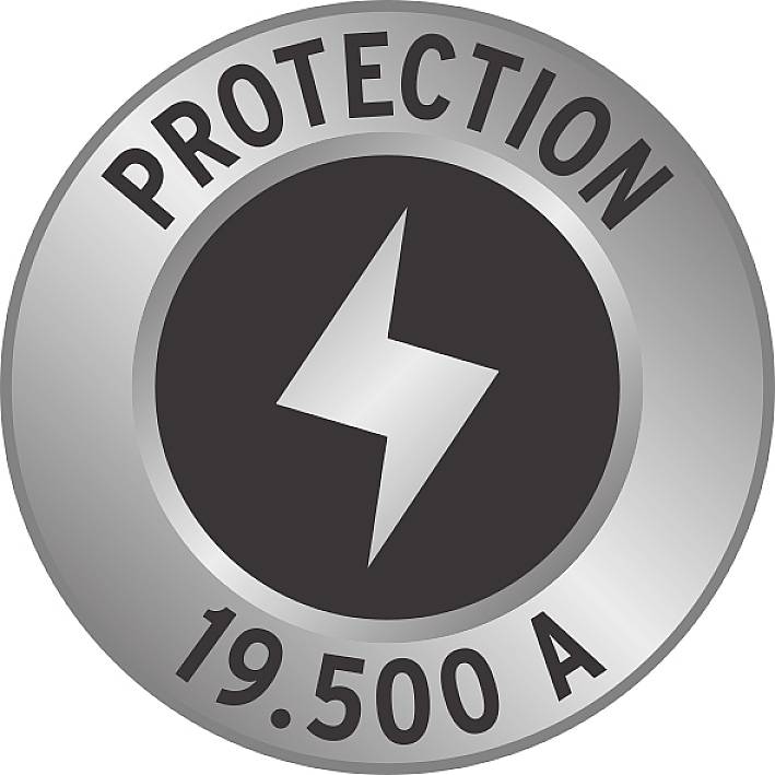 Un disque métallique rond avec un symbole de foudre au centre. En haut est inscrit 'PROTECTION', en bas '19.500 A'.