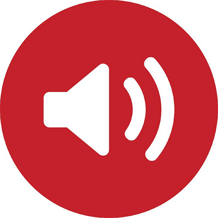 'Haut-parleur symbolique avec trois lignes ondulées représentant le son dans un cercle rouge. Symbolise l'audio ou la reproduction sonore.'