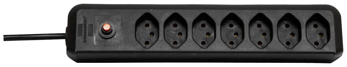 Multiprise noire à sept emplacements avec interrupteur marche/arrêt rouge. Adaptée pour étendre les connexions électriques.