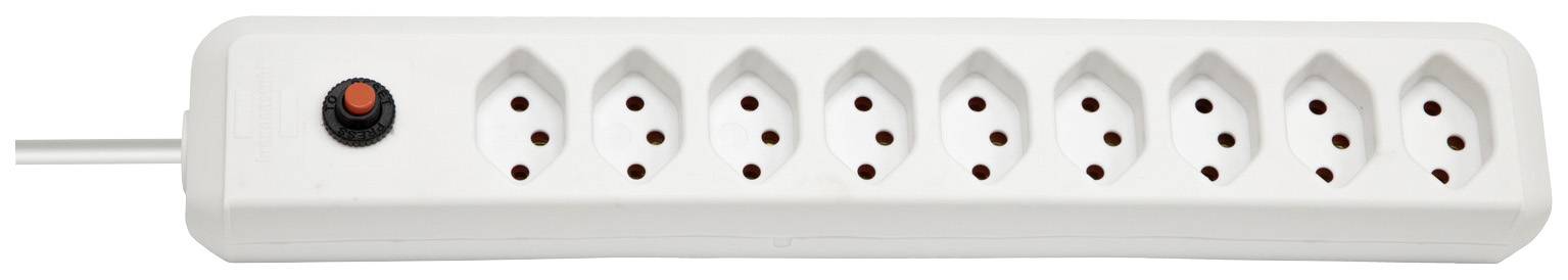 Barrette multiprise blanche à huit emplacements, équipée d'un interrupteur marche/arrêt noir avec un bouton rouge.