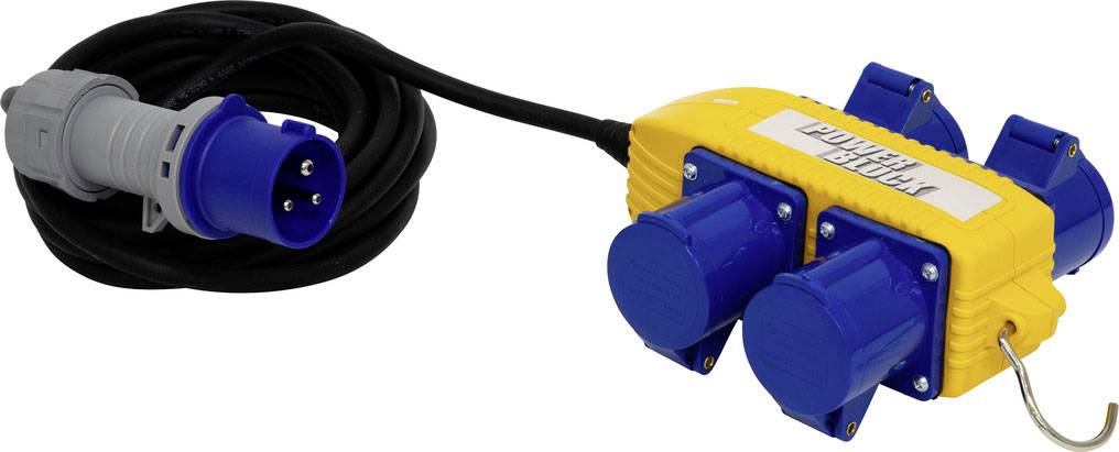 Un dispositif de distribution électrique jaune avec des prises bleues, auquel est connecté un câble noir avec une fiche grise.