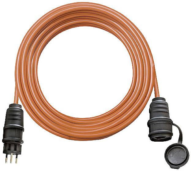 Rallonge électrique orange, enroulée, avec deux connecteurs noirs. Adaptée pour une utilisation extérieure.