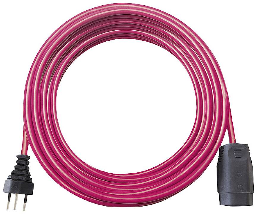 Un câble de rallonge rouge avec une fiche et une prise. Idéal pour l'intérieur ou l'extérieur pour étendre la portée.