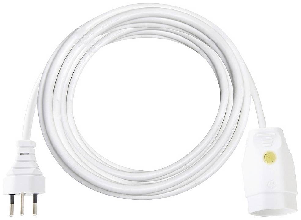 Rallonge électrique blanche avec deux fiches, adaptée pour une utilisation à domicile ou au bureau afin de prolonger les connexions électriques.