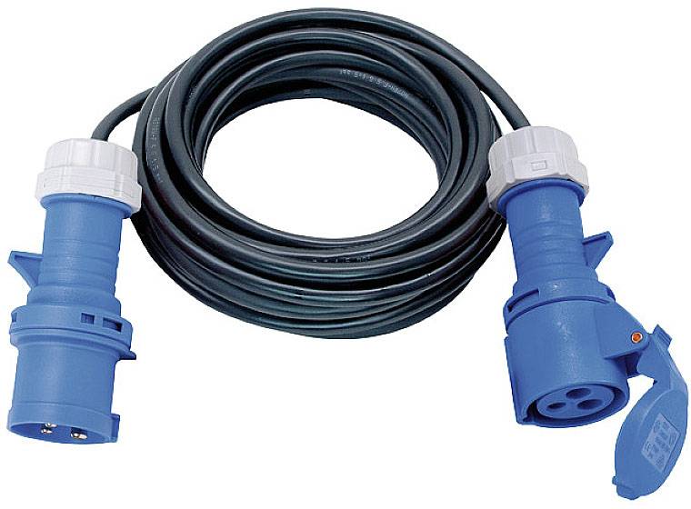 Rallonge électrique bleue avec deux connecteurs robustes aux extrémités, adaptée aux utilisations extérieures ou industrielles.