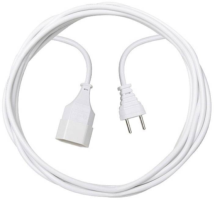 Un câble de rallonge blanc disposé en cercle, avec une fiche Schuko à droite et une prise Schuko à gauche.