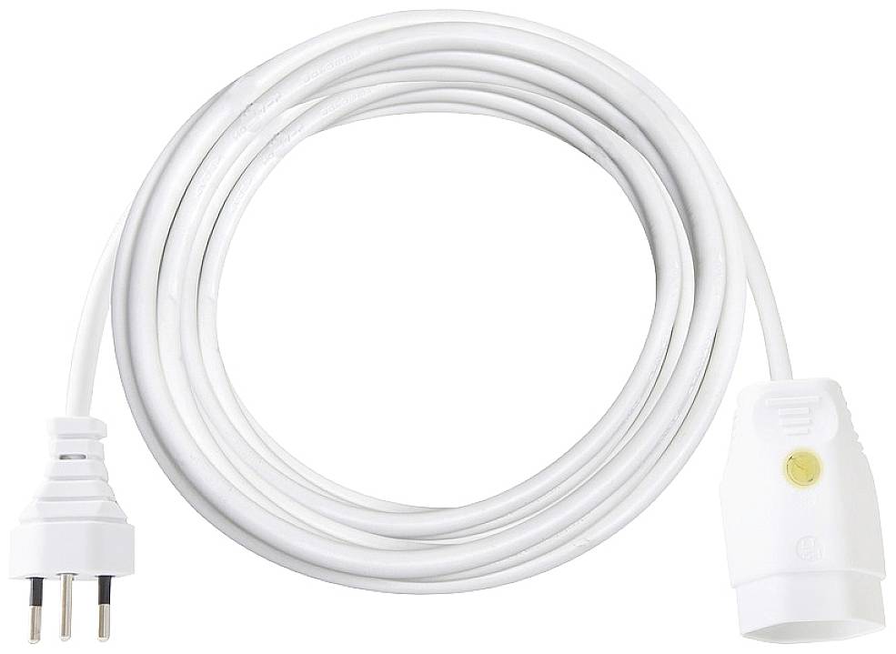 Rallonge électrique blanche avec une fiche et une prise européennes, adaptée au branchement d'appareils électriques à l'intérieur.