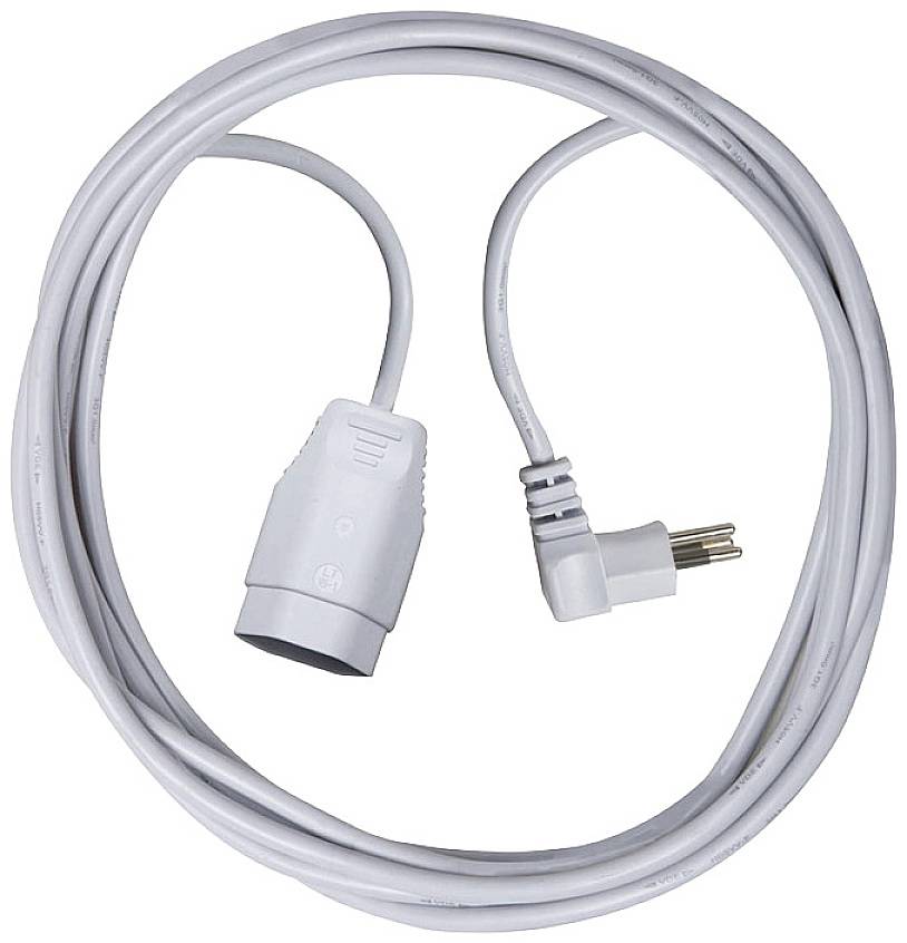 Rallonge électrique blanche avec une prise et une fiche Schuko, enroulée en boucle lâche.