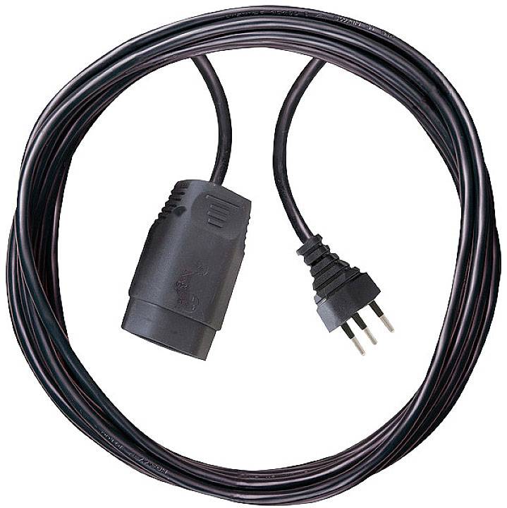 Rallonge électrique noire avec fiche et prise tripolaires, enroulée, adaptée aux utilisations intérieure et extérieure.
