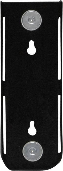Support métallique noir avec deux possibilités de montage par vis et des ouvertures verticales étroites. Pourrait servir à la fixation d'objets.