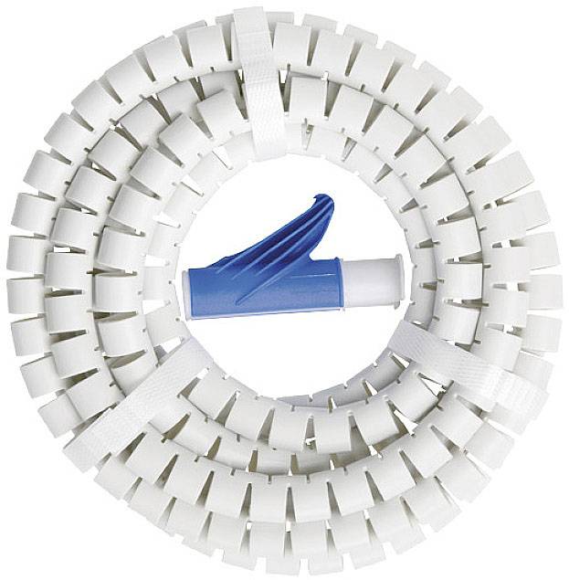 Canal de câble blanc avec un outil bleu, enroulé en spirale, adapté pour l'organisation des câbles.