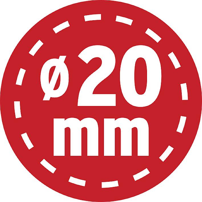 '20 mm de diamètre' en écriture blanche sur un cercle rouge.