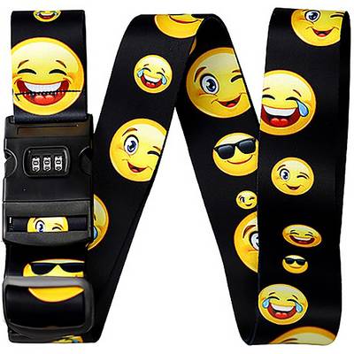 Bracelet noir avec des visages emoji colorés, comprenant des emojis rieurs, clignotants et pleurants, ainsi qu'un cadenas à chiffres.