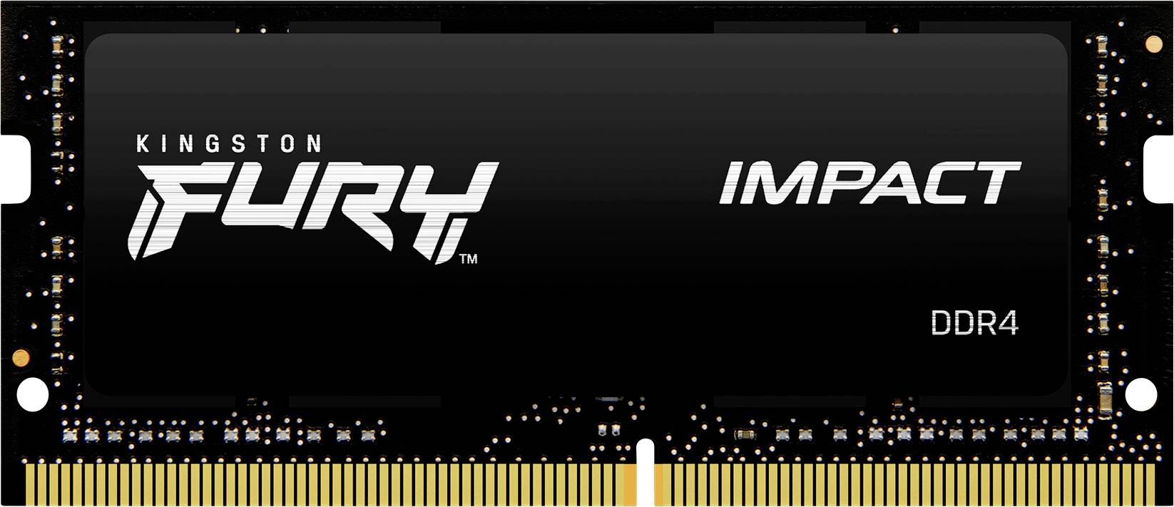 Module RAM DDR4 Kingston Fury Impact, avec PCB noir et contacts dorés, portant l'inscription « Kingston Fury Impact DDR4 ».
