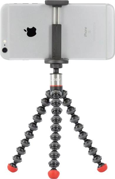 Un smartphone est fixé sur un trépied flexible de la marque Joby. Il est dressé, prêt pour des prises de photos ou de vidéos.