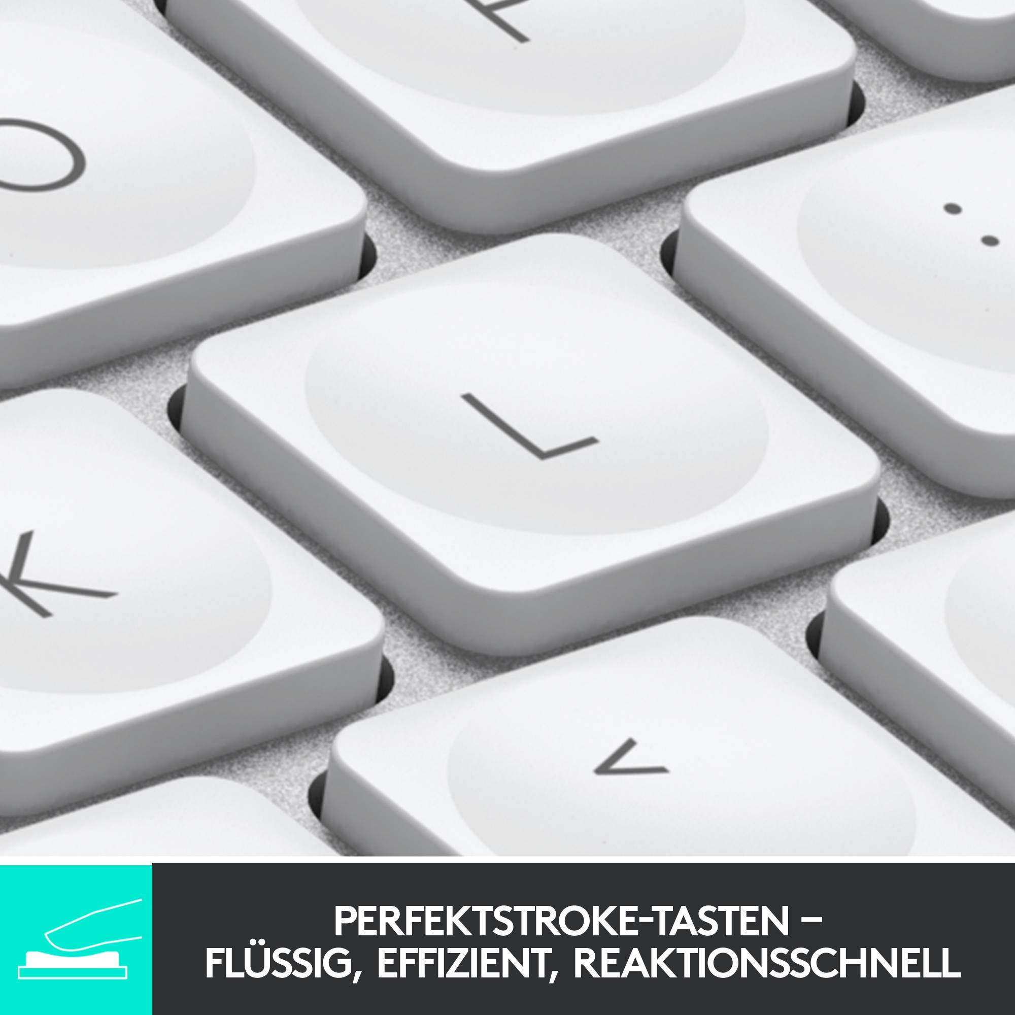 Clavier avec de grandes touches blanches. Texte en dessous : 'Touches Perfektstroke - Fluides, efficaces, réactives'.