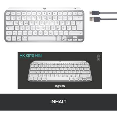 En haut, un clavier blanc sans fil avec récepteur USB, en bas l'emballage du produit pour 'Logitech MX Keys Mini'.