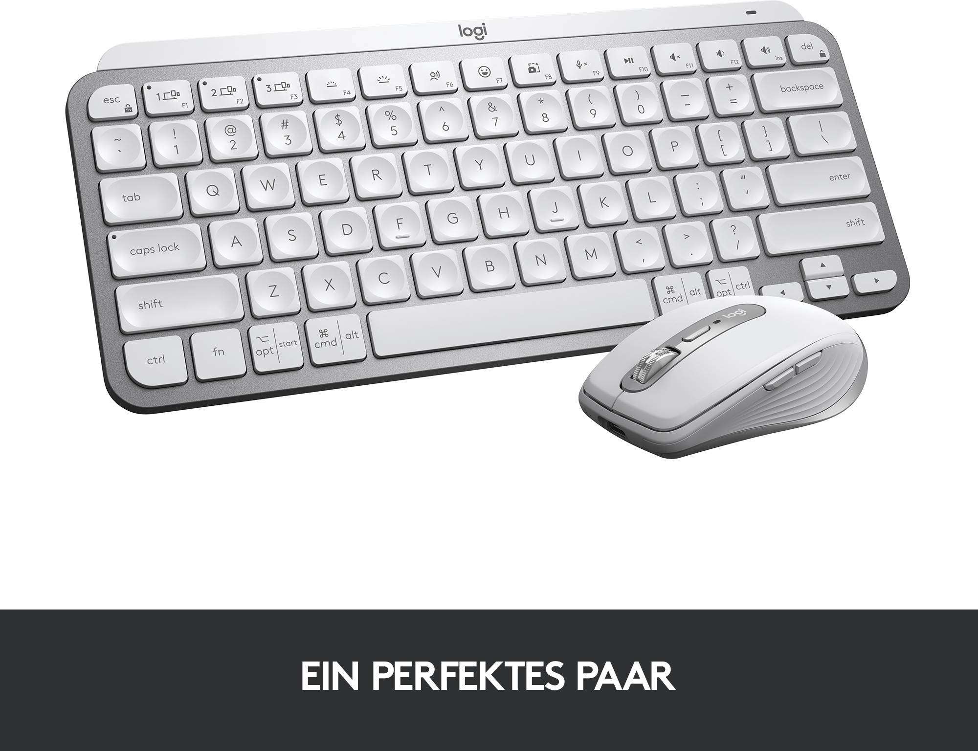 Clavier blanc et souris sur fond gris avec le texte 'Une paire parfaite'