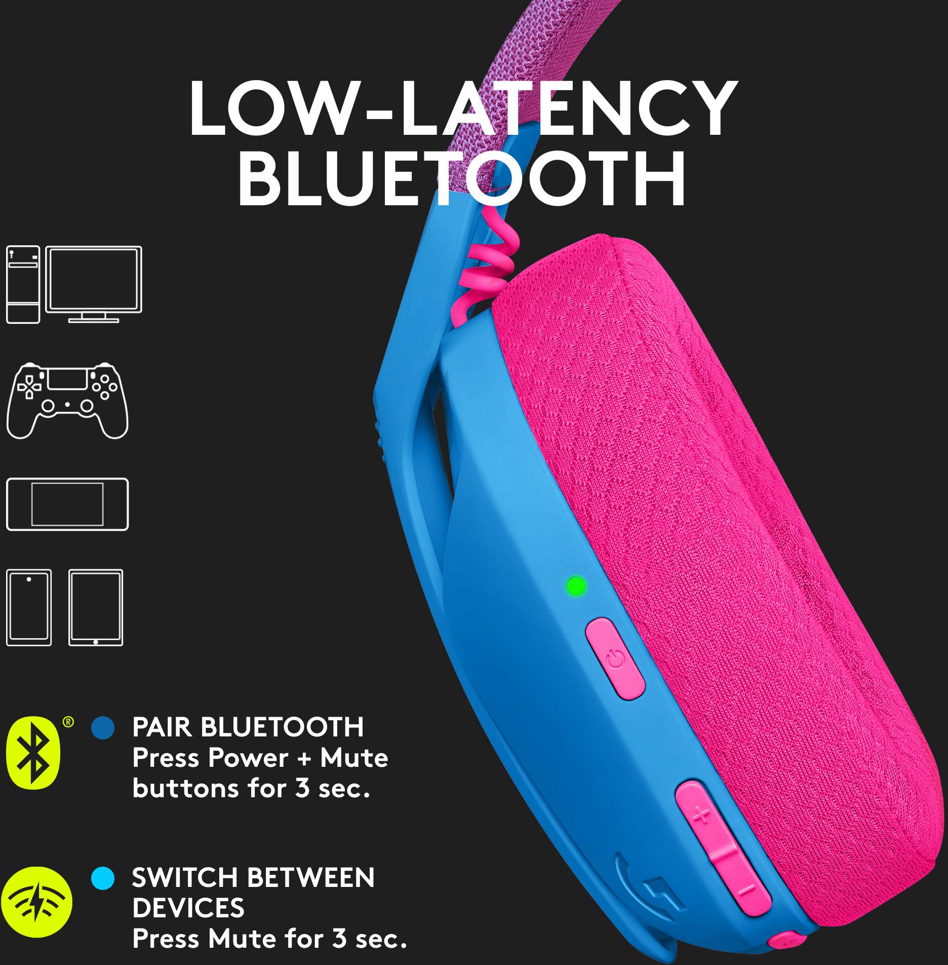 Délai minimal grâce au Bluetooth. L'illustration montre une manette de jeu, des écouteurs et un téléphone portable. Appairage Bluetooth et changement de périphérique expliqués.