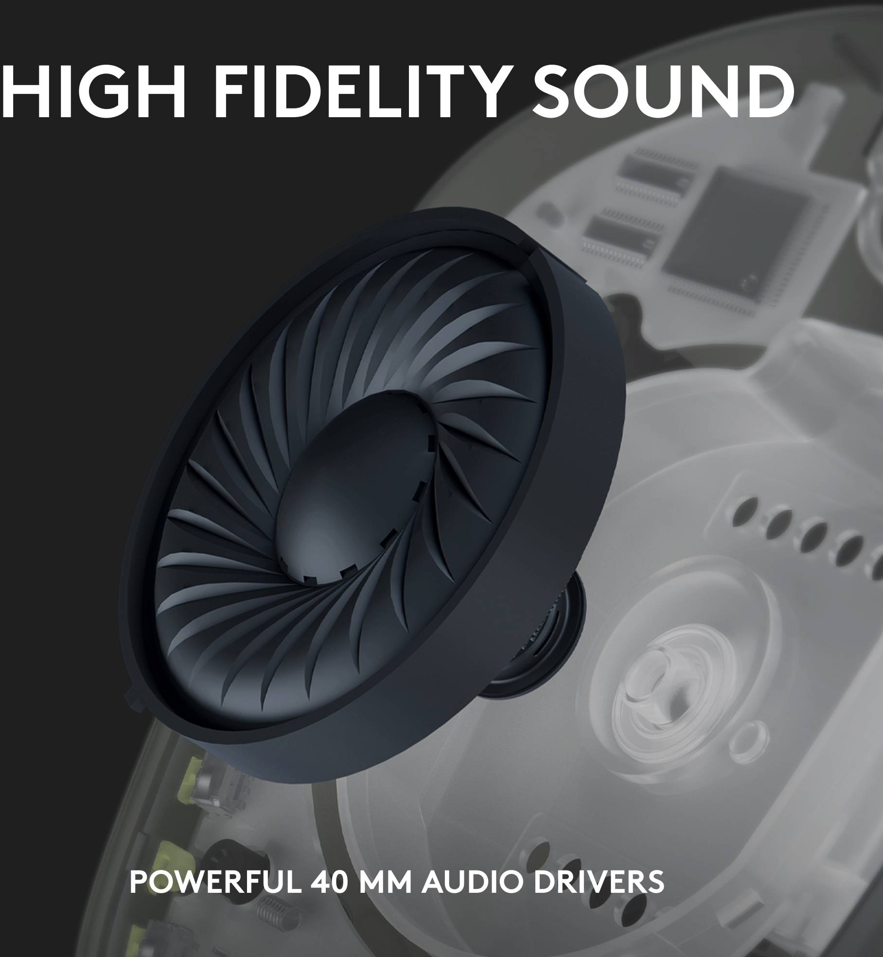 Gros plan d'un haut-parleur de 40 mm avec l'inscription Hifi-Sound. Texte en bas : Haut-parleurs de 40 mm puissants.