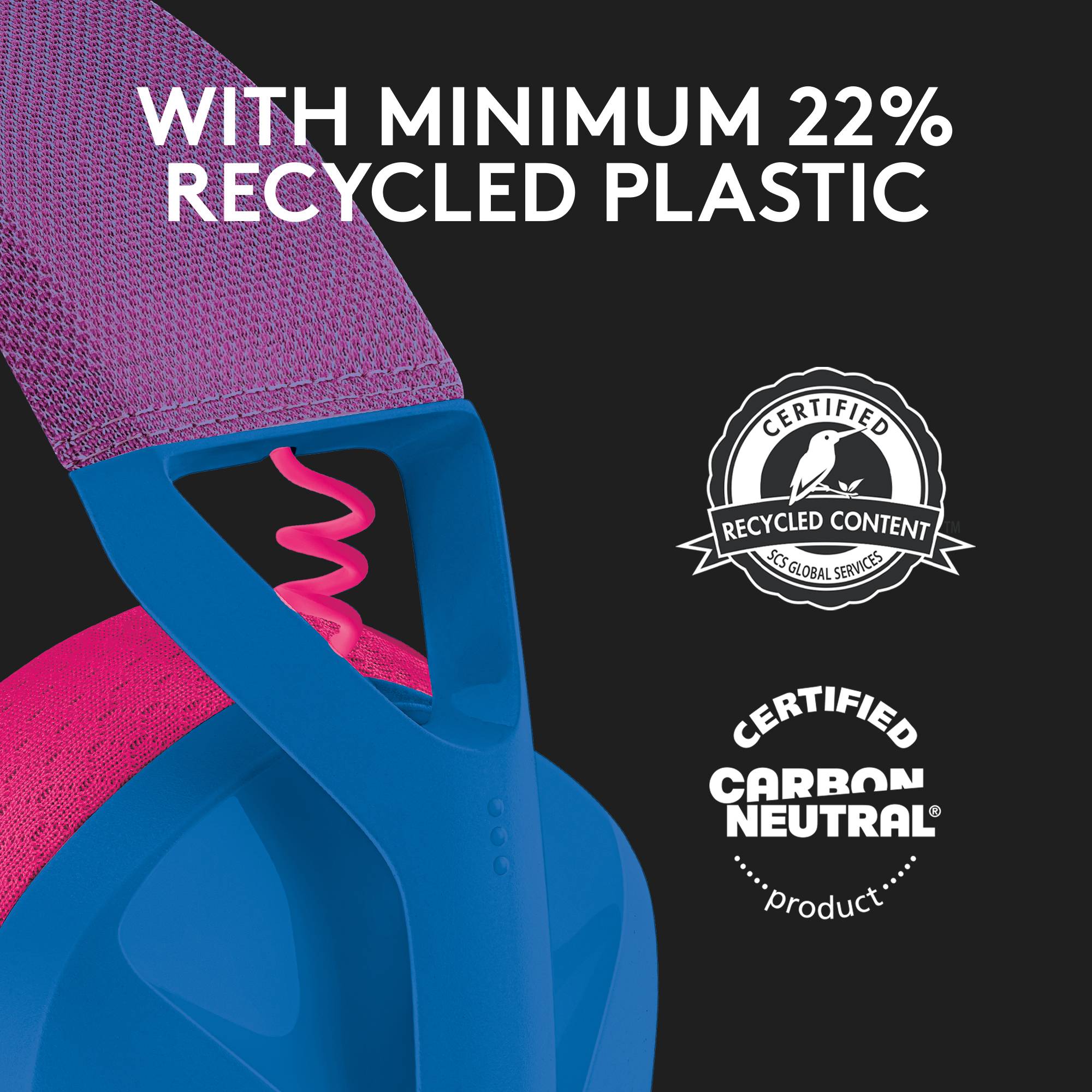 «Au moins 22 % de plastique recyclé. Certifié Neutre en Carbone.»