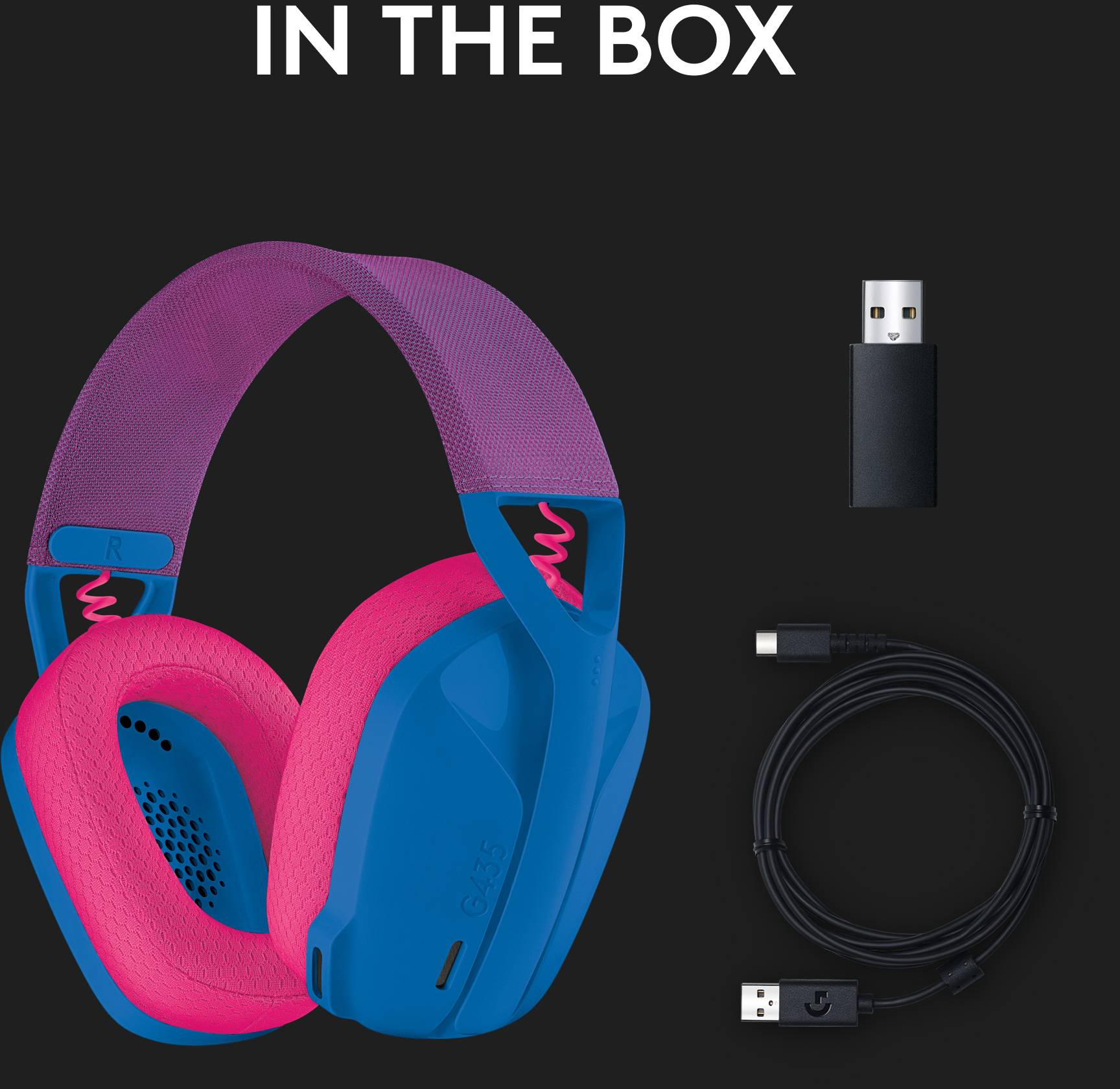 Écouteurs bleu et rose, récepteur USB et câble de charge sur un fond noir avec le mot 'Contenu' au-dessus.