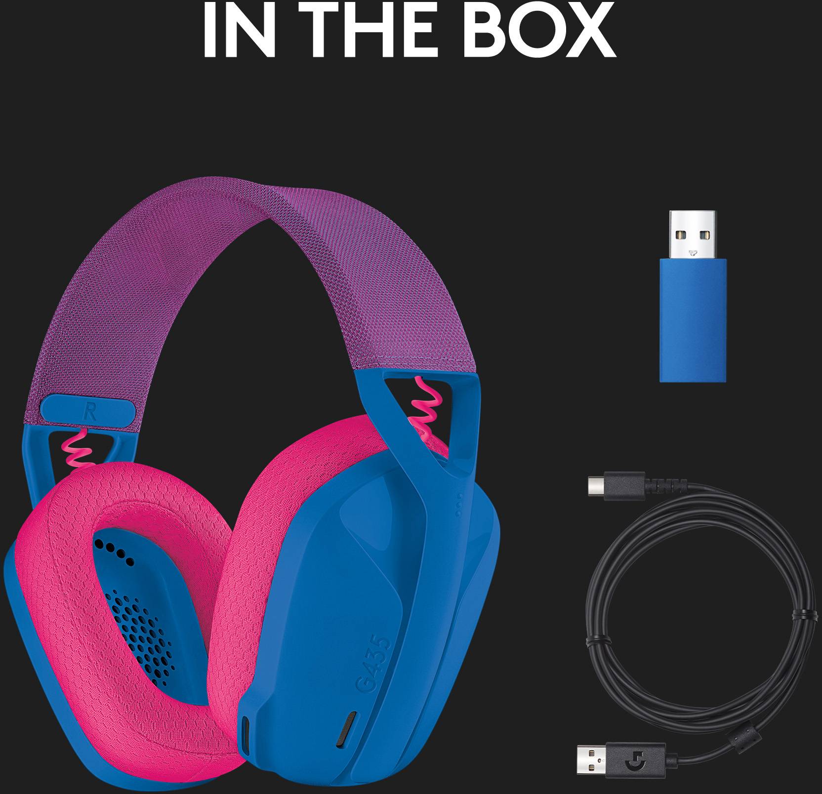 Casque sans fil avec coussinets d'oreille roses et arceau bleu, récepteur USB et câble de charge. Texte 'DANS LA BOÎTE' en haut de l'image.