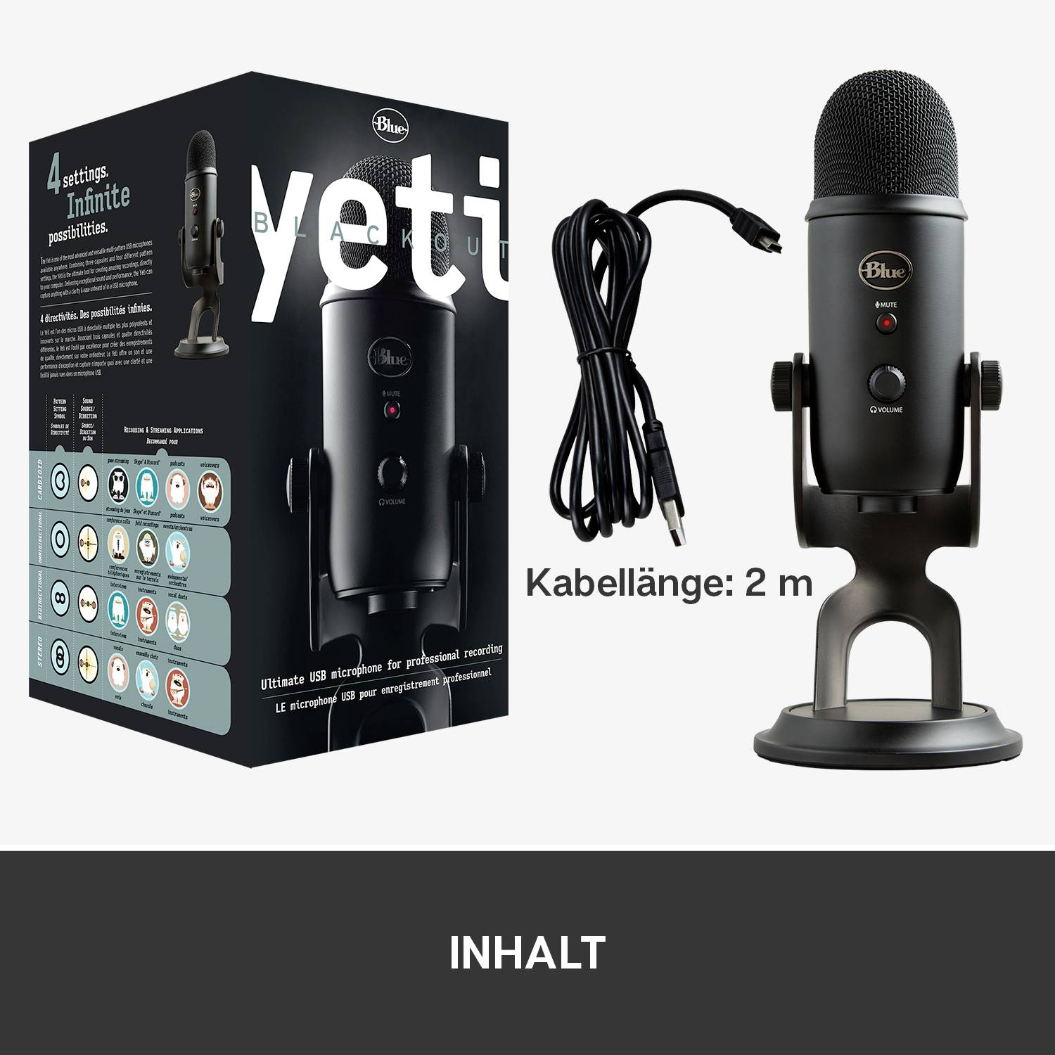 Microphone Blau, modèle Yeti, avec câble de 2 m. Emballage indiquant les spécifications : 4 modes, Plug & Play, compatible PC/MAC.