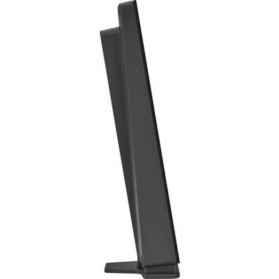 Un objet noir rectangulaire se tient verticalement, reposant sur sa base étroite, vu de profil.